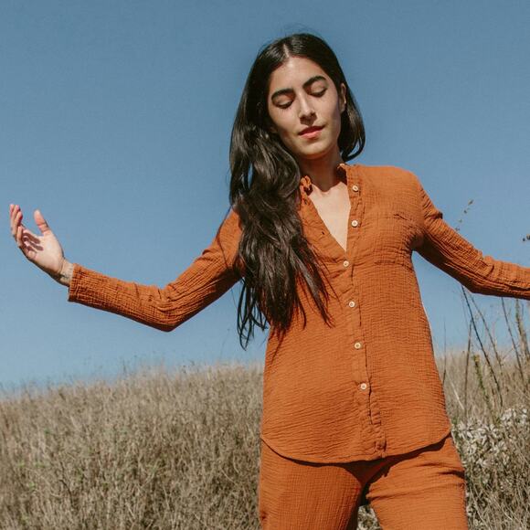 Sister Katie Cotton Gauze Sally Shirt XS Cinnamon Organic Long Sleeve Blouse Top - Picture 8 of 8